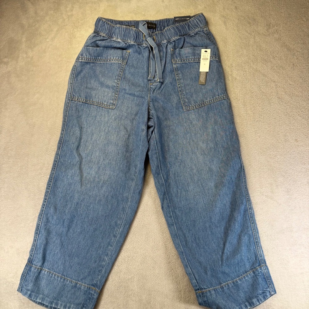 Talbots Straight Crop Pull On Jeans Petite P Blue Denim‎ Mid Rise Drawstring NEW